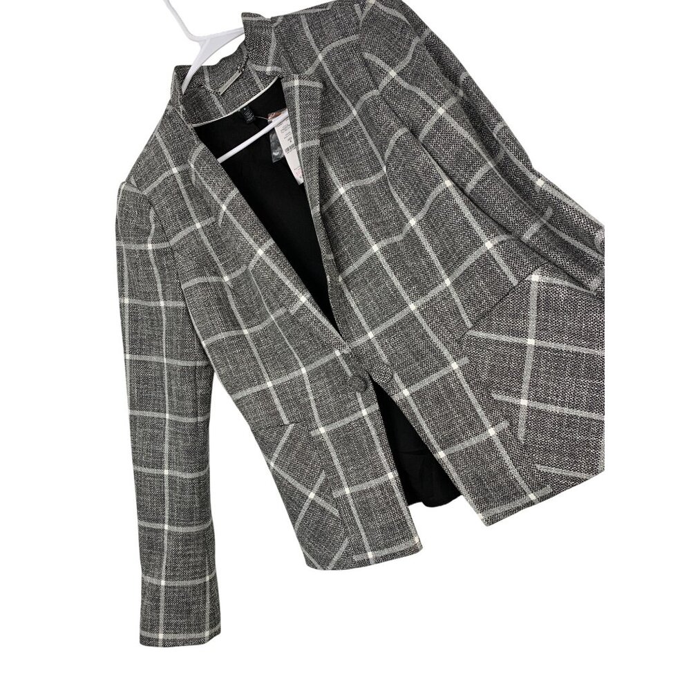 New White House Black Market Plaid Jacket Blazer Size 8 Black White RH10464